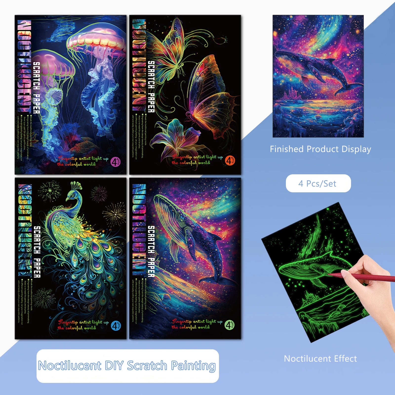 4 Pcs/Set A4 DIY Scratch Painting Sea World Butterfly Peacock Whale Noctilucent Scratch Painting Drawing Artistic Work
