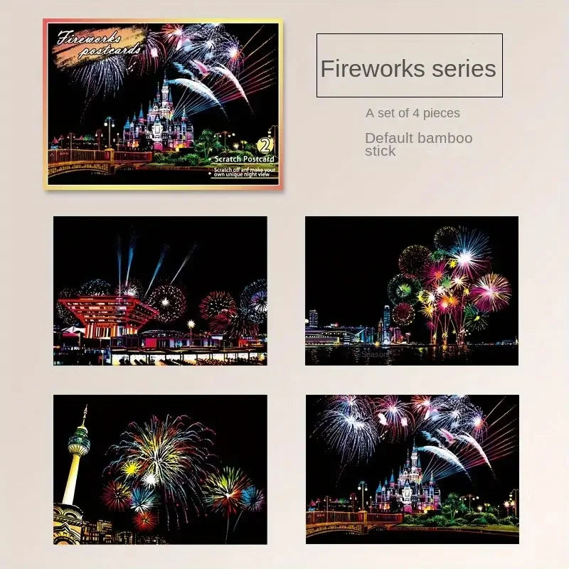 Night Scene Scratch Art Urban Landscape Architecture Clip Art 4PCS Postcard Style Colorful Scratch Art Cool And Colorful Scratch
