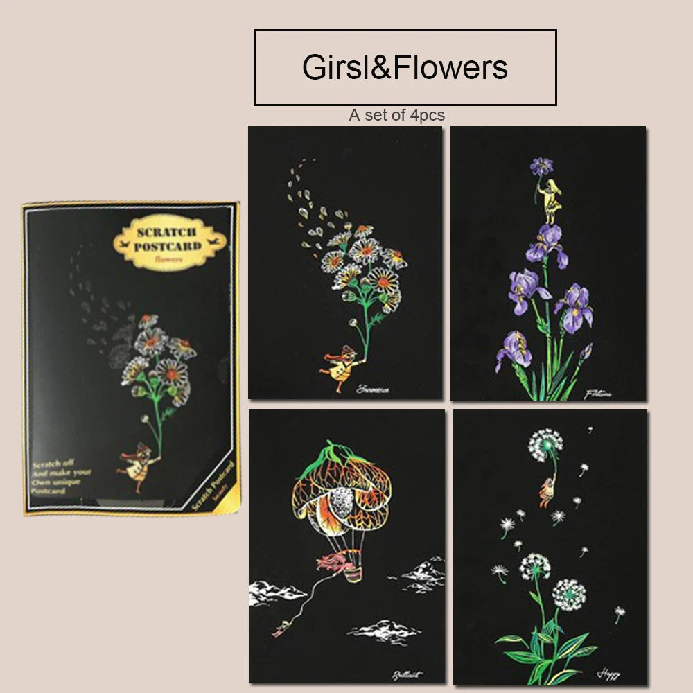 Night Scene Scratch Art Urban Landscape Architecture Clip Art 4PCS Postcard Style Colorful Scratch Art Cool And Colorful Scratch