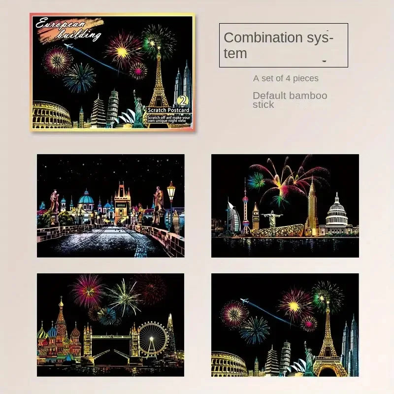 Night Scene Scratch Art Urban Landscape Architecture Clip Art 4PCS Postcard Style Colorful Scratch Art Cool And Colorful Scratch