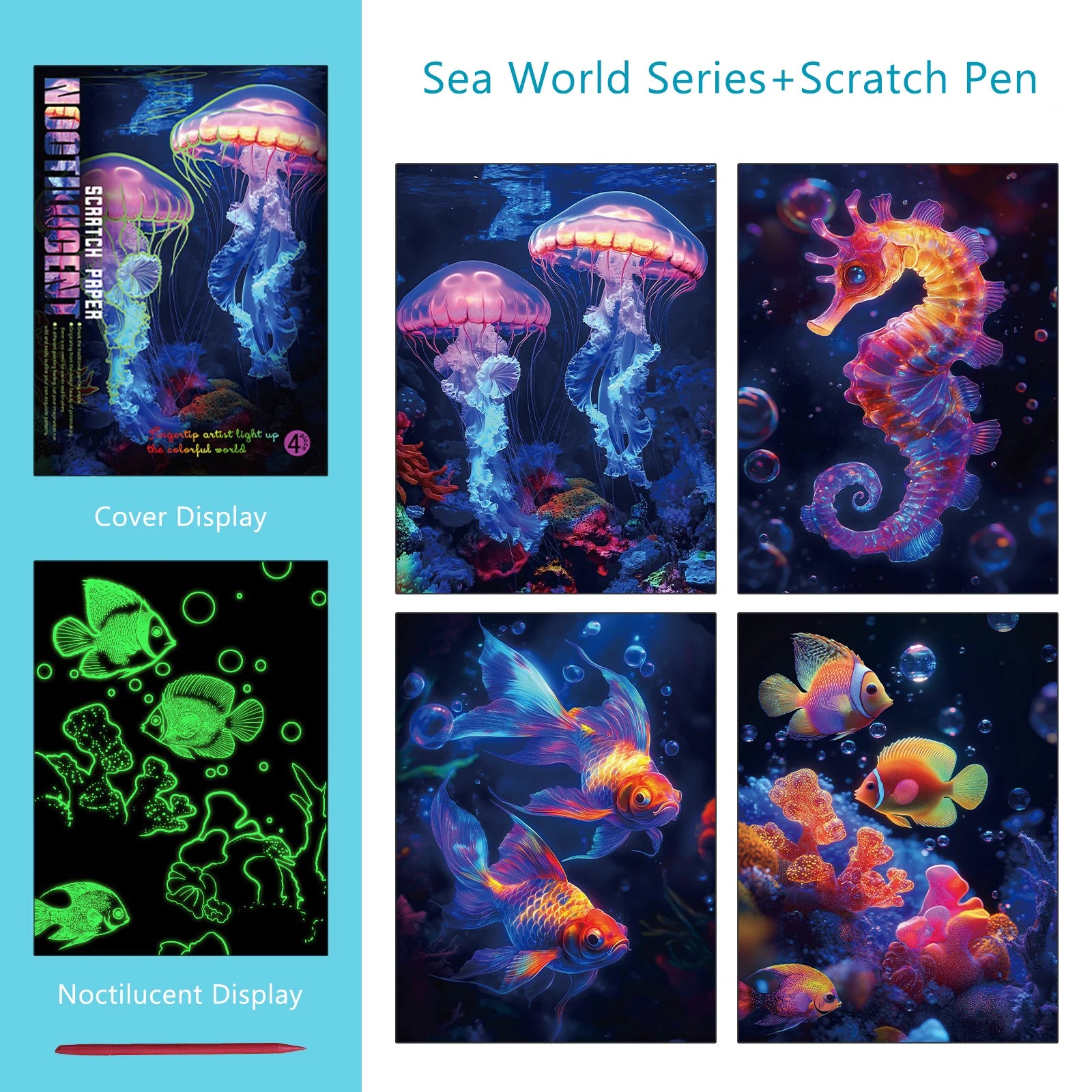 4 Pcs/Set A4 DIY Scratch Painting Sea World Butterfly Peacock Whale Noctilucent Scratch Painting Drawing Artistic Work