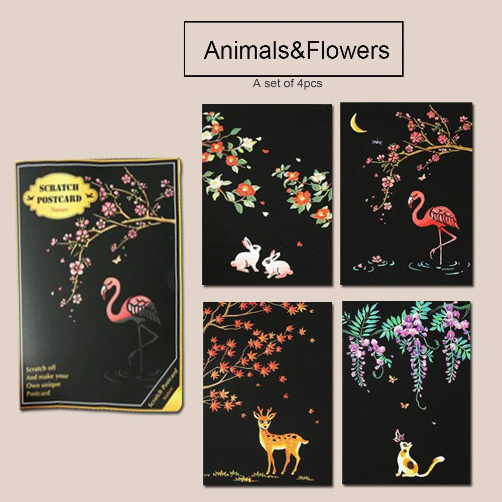 Night Scene Scratch Art Urban Landscape Architecture Clip Art 4PCS Postcard Style Colorful Scratch Art Cool And Colorful Scratch