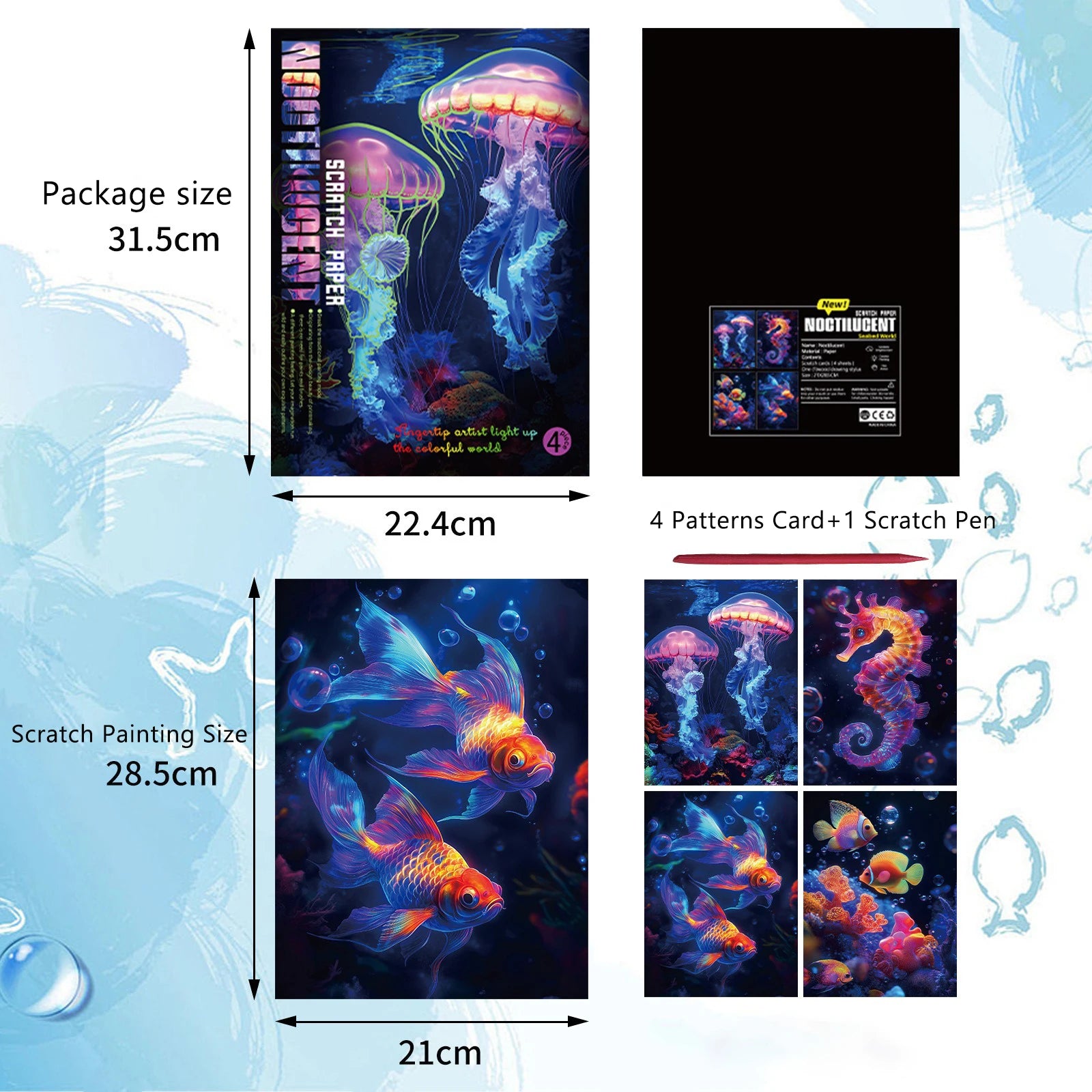 4 Pcs/Set A4 DIY Scratch Painting Sea World Butterfly Peacock Whale Noctilucent Scratch Painting Drawing Artistic Work