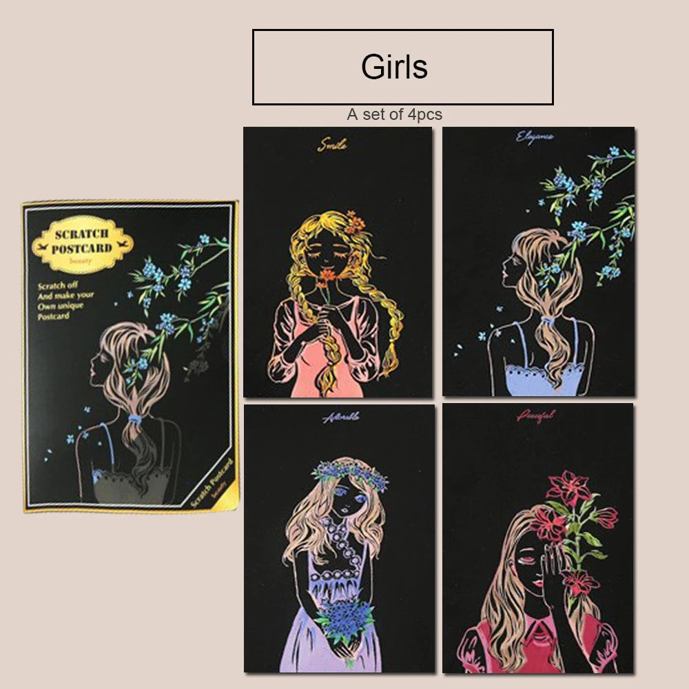 Night Scene Scratch Art Urban Landscape Architecture Clip Art 4PCS Postcard Style Colorful Scratch Art Cool And Colorful Scratch