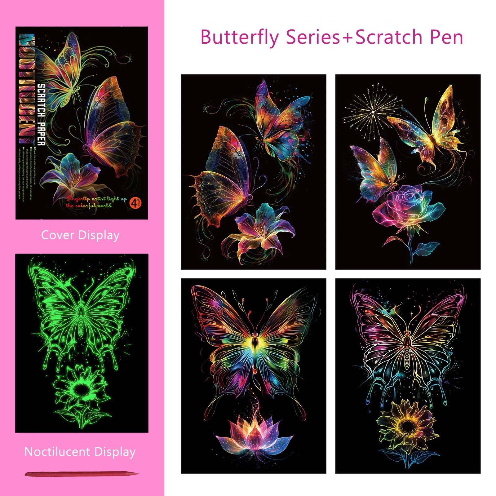 4 Pcs/Set A4 DIY Scratch Painting Sea World Butterfly Peacock Whale Noctilucent Scratch Painting Drawing Artistic Work